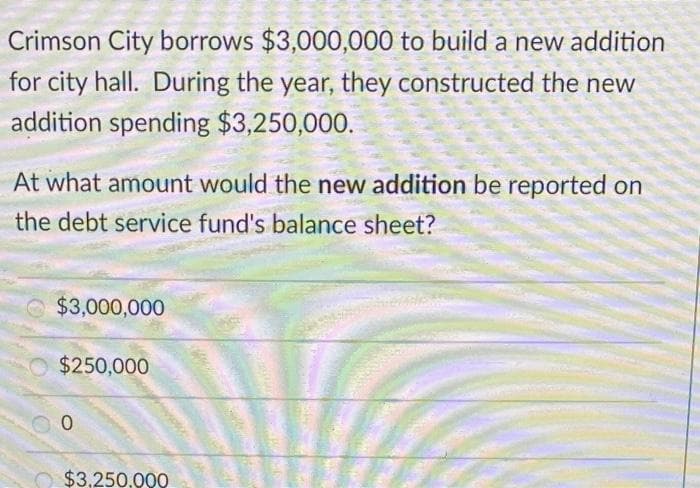 Crimson City borrows $3,000,000 to build a new addition
for city hall. During the year, they constructed the new
addition spending $3,250,000.
At what amount would the new addition be reported on
the debt service fund's balance sheet?
$3,000,000
$250,000
0
$3,250.000