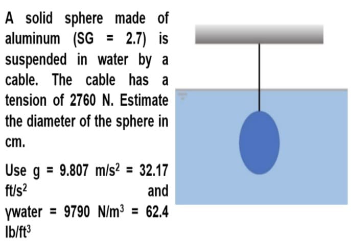 A solid sphere made of
aluminum (SG = 2.7) is
suspended in water by a
cable. The cable has a
tension of 2760 N. Estimate
the diameter of the sphere in
cm.
Use g = 9.807 m/s? = 32.17
ft/s?
and
ywater = 9790 N/m³ = 62.4
Ib/ft3
