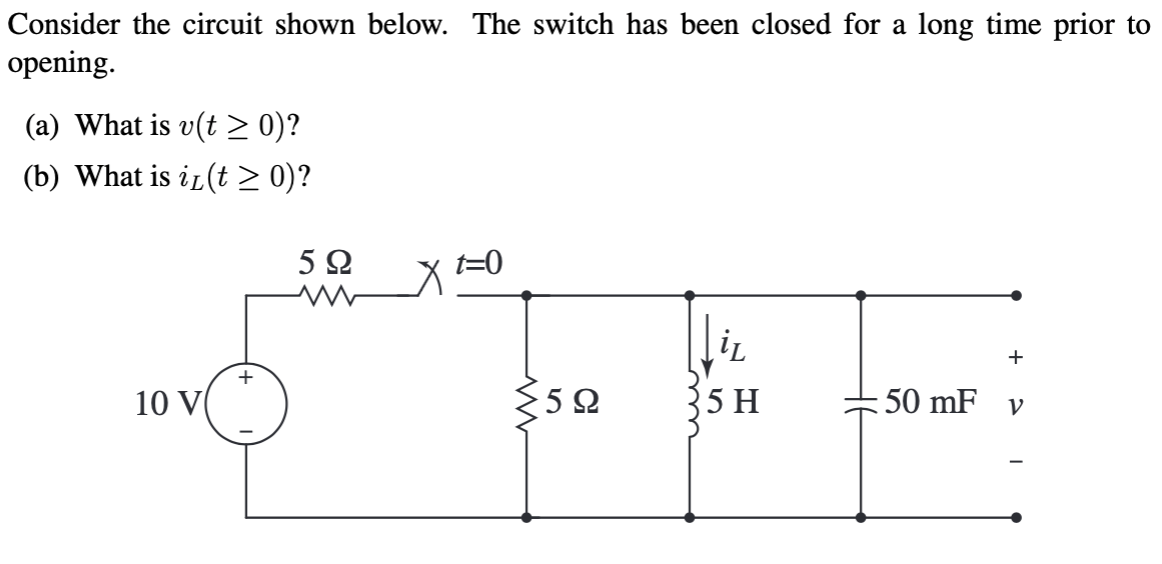 Consider the circuit shown below. The switch has been closed for a long time prior to
opening.
(a) What is v(t ≥ 0)?
(b) What is i(t ≥ 0)?
10 V
+
5Ω
t=0
www
5Ω
5 H
:50 mF
+
V