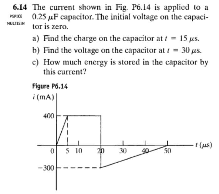 6.14 The current shown in Fig. P6.14 is applied to a
0.25 μF capacitor. The initial voltage on the capaci-
tor is zero.
MULTISEM
a) Find the charge on the capacitor at t = 15 µs.
b) Find the voltage on the capacitor at t = 30 μs.
c) How much energy is stored in the capacitor by
this current?
Figure P6.14
i (mA)
400
VI
01
-300
5 10
20
30
40 50
1 (μs)