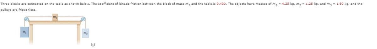Three blocks are connected on the table as shown below. The coefficient of kinetic friction between the block of mass m, and the table is 0.400. The objects have masses of m, = 4.25 kg, m, = 1.25 kg, and m, = 1.90 kg, and the
pulleys are frictionless.
