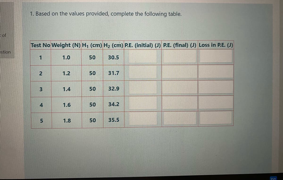 1. Based on the values provided, complete the following table.
Eof
Test No Weight (N) H, (cm) H2 (cm) P.E. (initial) (J) P.E. (final) (J) Loss in P.E. (J)
estion
1
1.0
50
30.5
1.2
50
31.7
1.4
50
32.9
4
1.6
50
34.2
1.8
50
35.5
