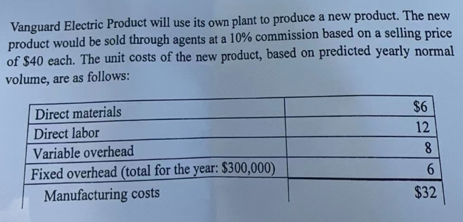 Vanguard Electric Product will use its own plant to produce a new product. The new
product would be sold through agents at a 10% commission based on a selling price
of $40 each. The unit costs of the new product, based on predicted yearly normal
volume, are as follows:
Direct materials
Direct labor
Variable overhead
Fixed overhead (total for the year: $300,000)
Manufacturing costs
$6
12
8
6
$32