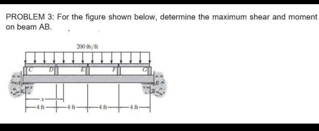PROBLEM 3: For the figure shown below, determine the maximum shear and moment
on beam AB.
D
200 lb/ft
E