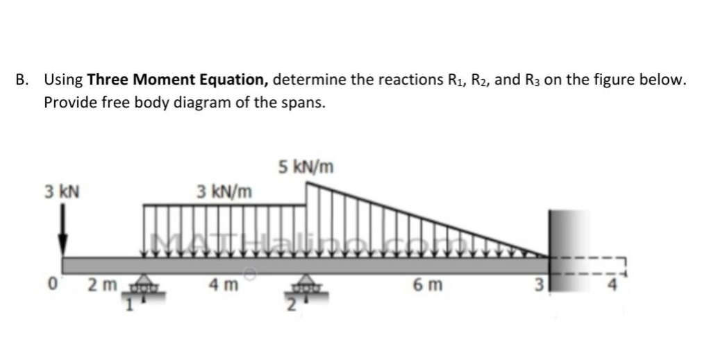 B. Using Three Moment Equation, determine the reactions R₁, R2, and R3 on the figure below.
Provide free body diagram of the spans.
3 KN
0
2m
3 kN/m
4 m
5 kN/m
6 m