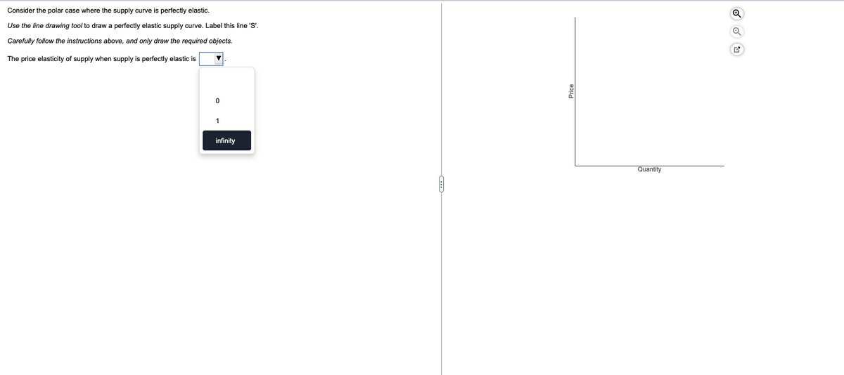 Consider the polar case where the supply curve is perfectly elastic.
Use the line drawing tool to draw a perfectly elastic supply curve. Label this line 'S'.
Carefully follow the instructions above, and only draw the required objects.
The price elasticity of supply when supply is perfectly elastic is
0
1
infinity
Price
Quantity
Q