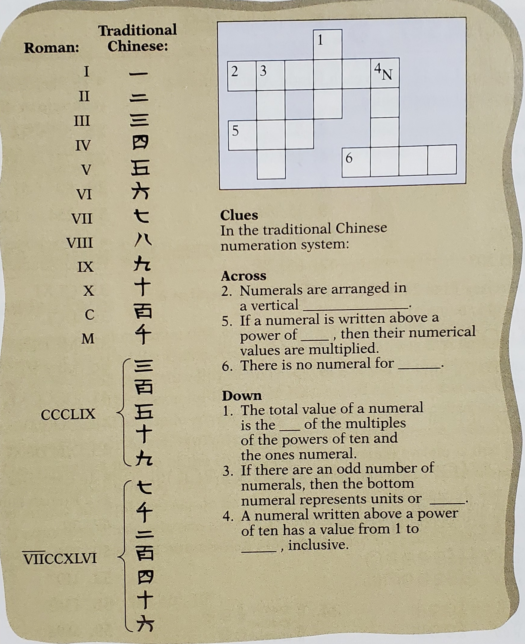 Traditional
Chinese:
Roman:
3
4N
II
III
IV
6.
VI
Clues
In the traditional Chinese
numeration system:
VII
VIII
IX
Across
2. Numerals are arranged in
a vertical
5. If a numeral is written above a
power of
values are multiplied.
6. There is no numeral for
M
, then their numerical
Down
1. The total value of a numeral
is the
of the powers of ten and
the ones numeral.
3. If there are an odd number of
numerals, then the bottom
numeral represents units or
4. A numeral written above a power
of ten has a value from 1 to
CCCLIX
of the multiples
inclusive.
VIICCXLVI
|1川川卡七八九十百千 三百五十九 ヒ+百四十六
