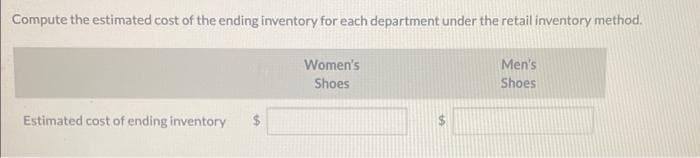 Compute the estimated cost of the ending inventory for each department under the retail inventory method.
Estimated cost of ending inventory $
Women's
Shoes
Men's
Shoes