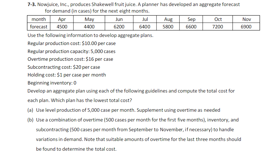 7-3. Nowjuice, Inc., produces Shakewell fruit juice. A planner has developed an aggregate forecast
for demand (in cases) for the next eight months.
month Apr
forecast 4500
May
4400
Jun
6200
Jul
6400
Aug
5800
Sep
6600
Oct
7200
Nov
6900
Use the following information to develop aggregate plans.
Regular production cost: $10.00 per case
Regular production capacity: 5,000 cases
Overtime production cost: $16 per case
Subcontracting cost: $20 per case
Holding cost: $1 per case per month
Beginning inventory: 0
Develop an aggregate plan using each of the following guidelines and compute the total cost for
each plan. Which plan has the lowest total cost?
(a) Use level production of 5,000 case per month. Supplement using overtime as needed
(b) Use a combination of overtime (500 cases per month for the first five months), inventory, and
subcontracting (500 cases per month from September to November, if necessary) to handle
variations in demand. Note that suitable amounts of overtime for the last three months should
be found to determine the total cost.