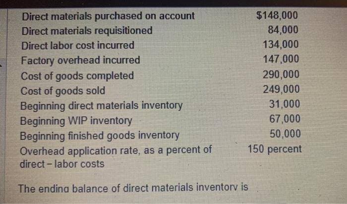 Direct materials purchased on account
Direct materials requisitioned
Direct labor cost incurred
Factory overhead incurred
Cost of goods completed
Cost of goods sold
Beginning direct materials inventory
Beginning WIP inventory
Beginning finished goods inventory
Overhead application rate, as a percent of
direct-labor costs
The ending balance of direct materials inventory is
$148,000
84,000
134,000
147,000
290,000
249,000
31,000
67,000
50,000
150 percent