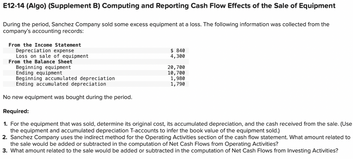 E12-14 (Algo) (Supplement B) Computing and Reporting Cash Flow Effects of the Sale of Equipment
During the period, Sanchez Company sold some excess equipment at a loss. The following information was collected from the
company's accounting records:
From the Income Statement
Depreciation expense
Loss on sale of equipment
From the Balance Sheet
Beginning equipment
Ending equipment
$ 840
4,300
20,700
10,700
1,980
1,790
Beginning accumulated depreciation
Ending accumulated depreciation
No new equipment was bought during the period.
Required:
1. For the equipment that was sold, determine its original cost, its accumulated depreciation, and the cash received from the sale. (Use
the equipment and accumulated depreciation T-accounts to infer the book value of the equipment sold.)
2. Sanchez Company uses the indirect method for the Operating Activities section of the cash flow statement. What amount related to
the sale would be added or subtracted in the computation of Net Cash Flows from Operating Activities?
3. What amount related to the sale would be added or subtracted in the computation of Net Cash Flows from Investing Activities?
