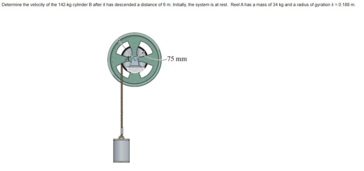 Determine the velocity of the 142-kg cylinder B after it has descended a distance of 6 m. Initially, the system is at rest. Reel A has a mass of 34 kg and a radius of gyration k = 0.188 m.
-75 mm
