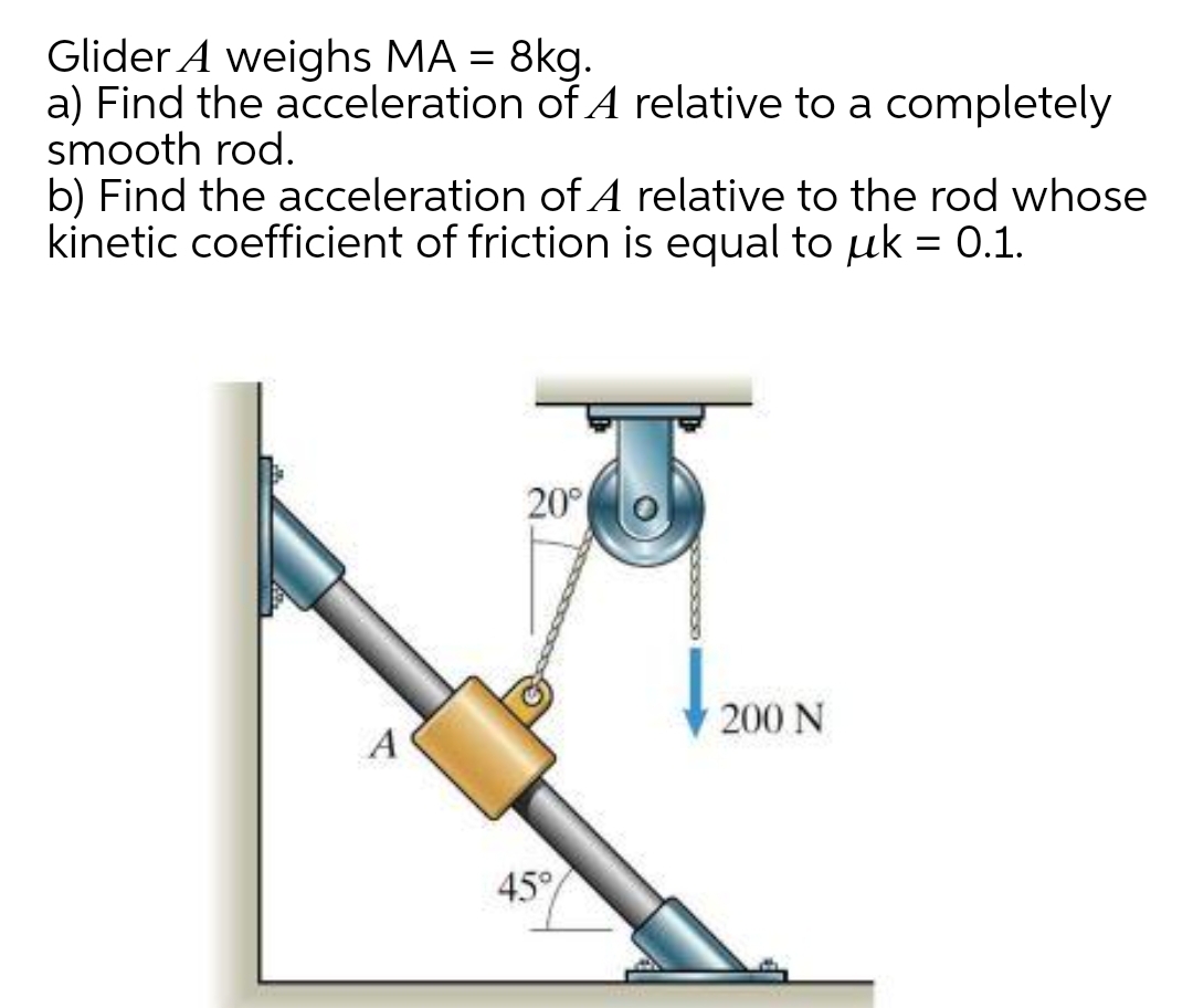 Glider A weighs MA = 8kg.
a) Find the acceleration of A relative to a completely
smooth rod.
b) Find the acceleration of A relative to the rod whose
kinetic coefficient of friction is equal to uk = 0.1.
%3D
20°
200 N
A
45°
