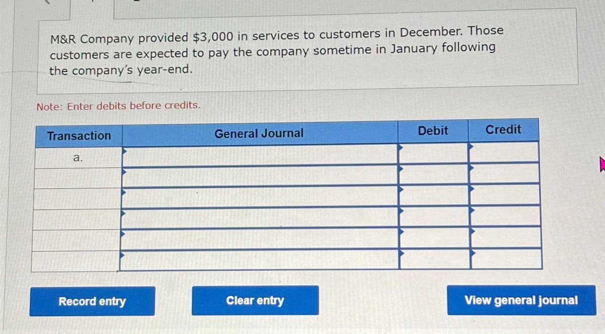M&R Company provided $3,000 in services to customers in December. Those
customers are expected to pay the company sometime in January following
the company's year-end.
Note: Enter debits before credits.
Transaction
a.
Record entry
General Journal
Clear entry
Debit
Credit
View general journal