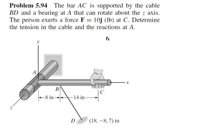 Problem 5.94 The bar AC is supported by the cable
BD and a bearing at A that can rotate about the z axis.
The person exerts a force F = 10j (lb) at C. Determine
the tension in the cable and the reactions at A.
(₁
A
B
-8 in-
-14 in
(18,-8, 7) in
X