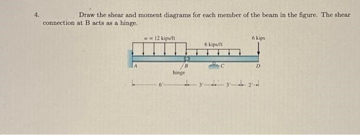 Draw the shear and moment diagrams for each member of the beam in the figure. The shear
connection at B acts as a hinge.
w=12 kips/ft
hinge
4.
6 kips/ft
6 kips
32
D