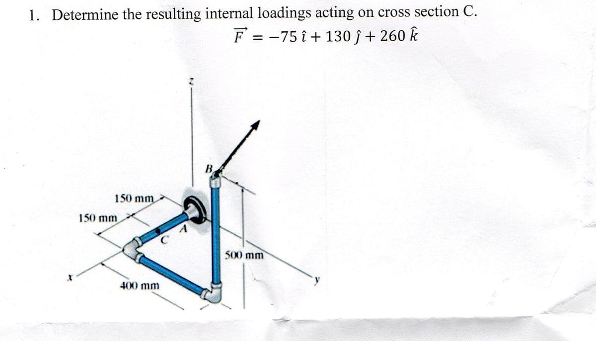 1. Determine the resulting internal loadings acting on cross section C.
F = -75 î + 130 î+ 260 k
B
150 mm
150 mm
500 mm
400 mm
