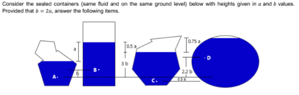 Consider the sealed containers (same fluid and on the same ground level) below with heights given in a and b values.
Provided that b = 2a, answer the following items.
Ta7sa
Tas a
T
3b
2.2 b
с.
05b
