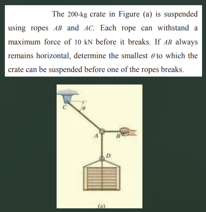 The 200-kg crate in Figure (a) is suspended
using ropes AB and AC. Each rope can withstand a
maximum force of 10 kN before it breaks. If AB always
remains horizontal, determine the smallest e to which the
crate can be suspended before one of the ropes breaks.
D.
(a)
