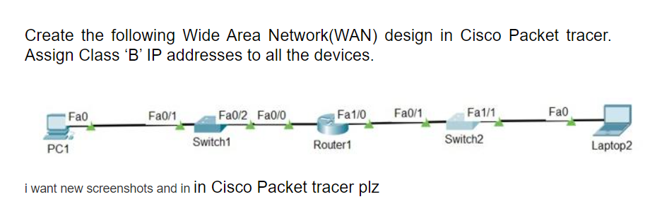 Create the following Wide Area Network (WAN) design in Cisco Packet tracer.
Assign Class 'B' IP addresses to all the devices.
Fa0
Fa0/1
Fa1/0
Fa0
Fa0/2 Fa0/0
Fa0/1
Fa1/1
Switch1
Router1
PC1
i want new screenshots and in in Cisco Packet tracer plz
Switch2
Laptop2