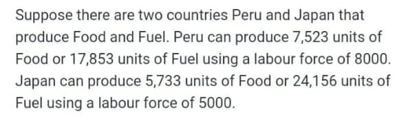 Suppose there are two countries Peru and Japan that
produce Food and Fuel. Peru can produce 7,523 units of
Food or 17,853 units of Fuel using a labour force of 8000.
Japan can produce 5,733 units of Food or 24,156 units of
Fuel using a labour force of 5000.
