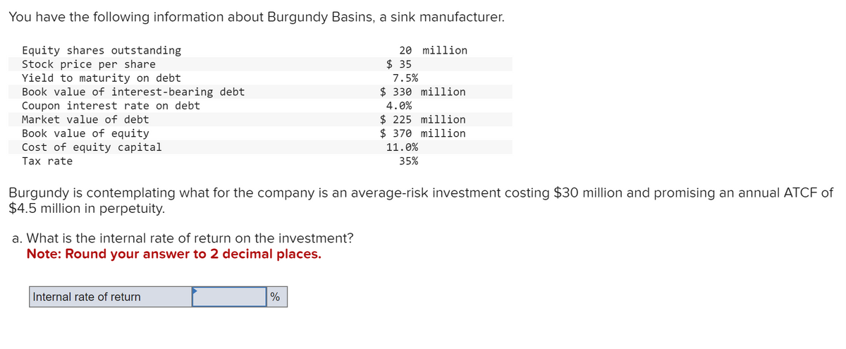 You have the following information about Burgundy Basins, a sink manufacturer.
Equity shares outstanding
Stock price per share
Yield to maturity on debt
Book value of interest-bearing debt
Coupon interest rate on debt
Market value of debt
Book value of equity
Cost of equity capital
Tax rate
a. What is the internal rate of return on the investment?
Note: Round your answer to 2 decimal places.
Internal rate of return
20 million
Burgundy is contemplating what for the company is an average-risk investment costing $30 million and promising an annual ATCF of
$4.5 million in perpetuity.
%
$ 35
7.5%
$ 330 million
4.0%
$225 million
$370 million
11.0%
35%