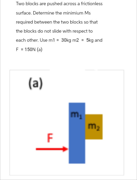 Two blocks are pushed across a frictionless
surface. Determine the minimium Ms
required between the two blocks so that
the blocks do not slide with respect to
each other. Use m1 = 30kg m2 = 5kg and
F = 150N (a)
(a)
F
m₁
m₂
+
