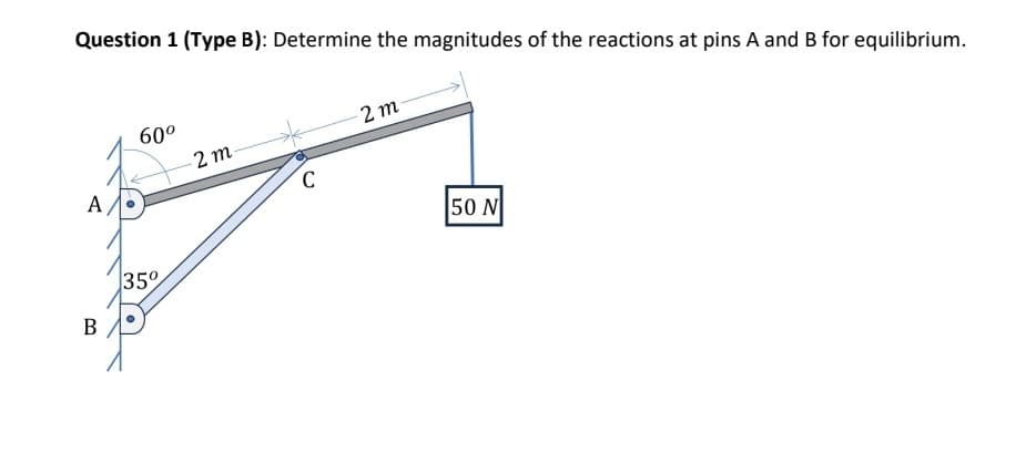 Question 1 (Type B): Determine the magnitudes of the reactions at pins A and B for equilibrium.
A
B
60⁰
35°
2 m
C
2 m
50 N