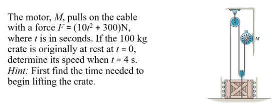 The motor, M, pulls on the cable
with a force F = (101² + 300)N,
where t is in seconds. If the 100 kg
crate is originally at rest at 1 = 0,
determine its speed when t = 4 s.
Hint: First find the time needed to
begin lifting the crate.