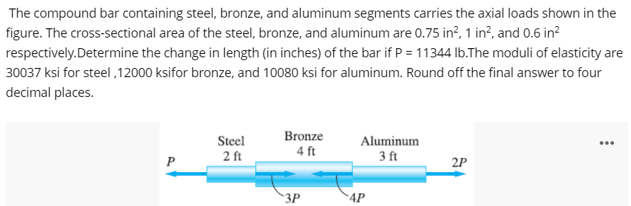 The compound bar containing steel, bronze, and aluminum segments carries the axial loads shown in the
figure. The cross-sectional area of the steel, bronze, and aluminum are 0.75 in?, 1 in?, and 0.6 in?
respectively.Determine the change in length (in inches) of the bar if P = 11344 Ib.The moduli of elasticity are
30037 ksi for steel ,12000 ksifor bronze, and 10080 ksi for aluminum. Round off the final answer to four
decimal places.
Bronze
Aluminum
Steel
2 ft
...
4 ft
3 ft
P
2P
3P
4P
