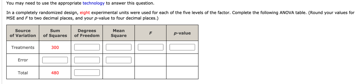 You may need to use the appropriate technology to answer this question.
In a completely randomized design, eight experimental units were used for each of the five levels of the factor. Complete the following ANOVA table. (Round your values for
MSE and F to two decimal places, and your p-value to four decimal places.)
Source
Sum
Degrees
of Freedom
Mean
F
p-value
of Variation
of Squares
Square
Treatments
300
Error
Total
480
