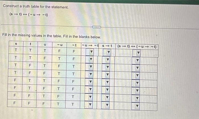 Construct a truth table for the statement.
(st)+(-u➡-t)
Fill in the missing values in the table. Fill in the blanks below.
T
T
T
T
F
LL
F
F
LL
F
t
T
T
F
F
T
T
F
F
LL
u
T
LL
F
T
F
LL
T
LL
F
T
LL
~U
F
LL
T
F
T
F
T
LL
F
T
F
F
T
T
F
LL
F
T
T
וד
JU
► ▸
►►►
▶
st (st) →
▶
20
►
➤
▶
▶
➤
-t)