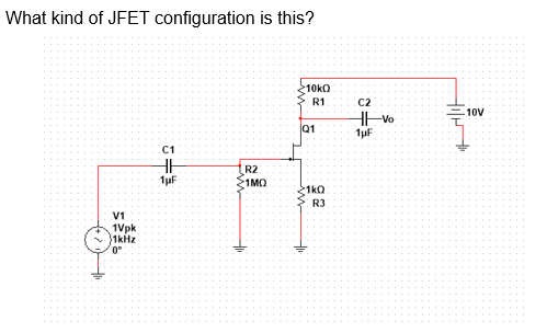 What kind of JFET configuration is this?
10k0
R1
C2
.10V
Vo
Q1
1µF
C1
R2
1MQ
1uF
1kQ
R3
V1
1Vpk
1kHz
0°
