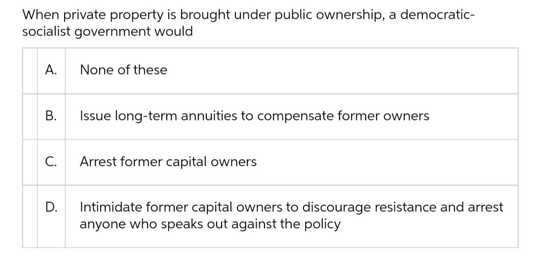 When private property is brought under public ownership, a democratic-
socialist government would
А.
None of these
Issue long-term annuities to compensate former owners
C.
Arrest former capital owners
Intimidate former capital owners to discourage resistance and arrest
anyone who speaks out against the policy
D.
B.
