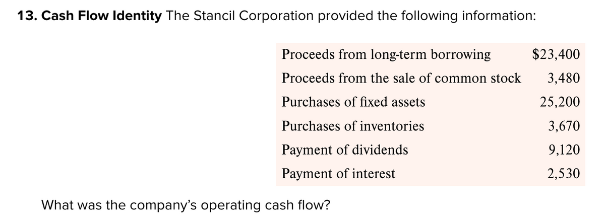 13. Cash Flow Identity The Stancil Corporation provided the following information:
Proceeds from long-term borrowing
Proceeds from the sale of common stock
Purchases of fixed assets
Purchases of inventories
Payment of dividends
Payment of interest
What was the company's operating cash flow?
$23,400
3,480
25,200
3,670
9,120
2,530