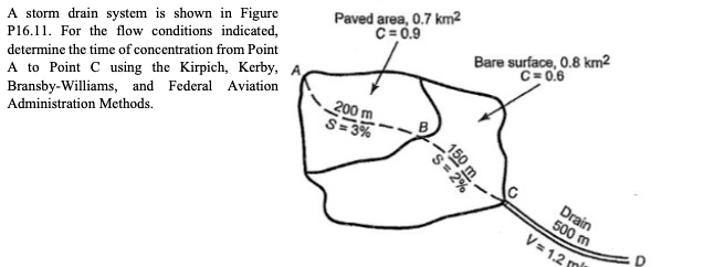 A storm drain system is shown in Figure
P16.11. For the flow conditions indicated,
determine the time of concentration from Point
A to Point C using the Kirpich, Kerby, A
Bransby-Williams, and Federal Aviation
Administration Methods.
Paved area, 0.7 km²
C=0.9
200
S=3%
Bare surface, 0.8 km²
C=0.6
S=
Drain
500 m
V=1.2 mil