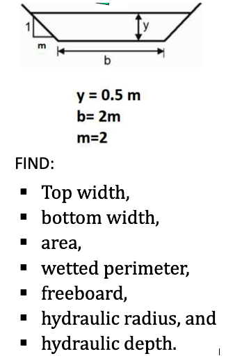 m
FIND:
b
y = 0.5 m
b= 2m
m=2
■ Top width,
■ bottom width,
■ area,
■ wetted perimeter,
■ freeboard,
■ hydraulic radius, and
■ hydraulic depth.