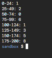 0-24: 1
25-49: 2
50-74: 0
75-99: 6
100-124: 1
125-149: 3
150-174: 5
175-200: 8
sandbox $
