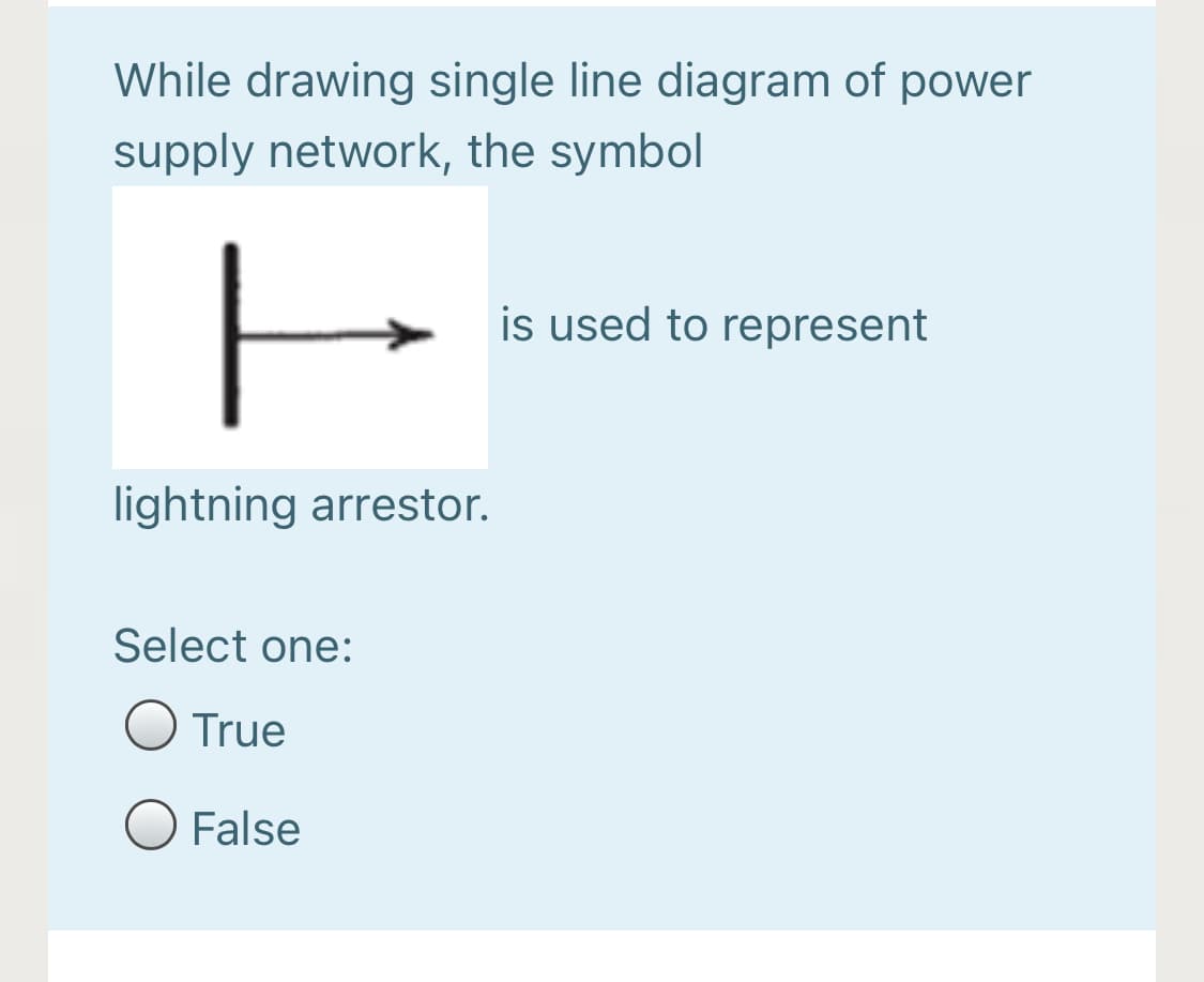 While drawing single line diagram of power
supply network, the symbol
is used to represent
lightning arrestor.
Select one:
True
False
