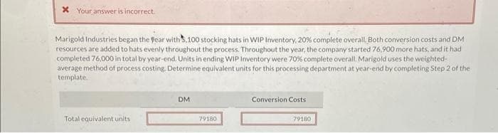 * Your answer is incorrect.
Marigold Industries began the year with 3,100 stocking hats in WIP Inventory, 20% complete overall. Both conversion costs and DM
resources are added to hats evenly throughout the process. Throughout the year, the company started 76,900 more hats, and it had
completed 76,000 in total by year-end. Units in ending WIP Inventory were 70% complete overall. Marigold uses the weighted-
average method of process costing. Determine equivalent units for this processing department at year-end by completing Step 2 of the
template.
Total equivalent units
DM
79180
Conversion Costs
79180