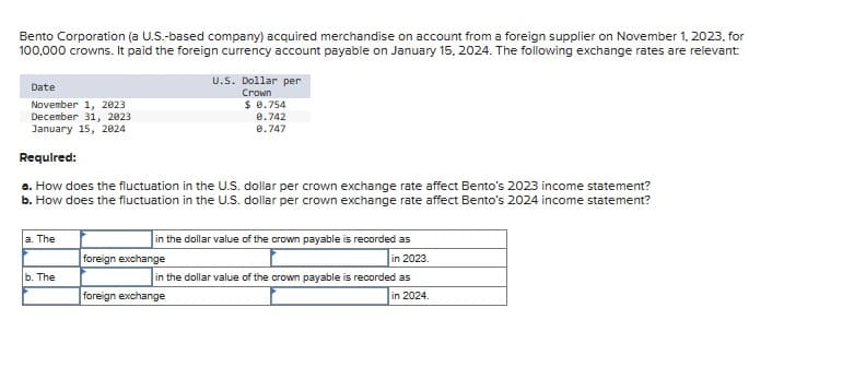 Bento Corporation (a U.S.-based company) acquired merchandise on account from a foreign supplier on November 1, 2023. for
100,000 crowns. It paid the foreign currency account payable on January 15, 2024. The following exchange rates are relevant:
Date
November 1, 2023
December 31, 2023
January 15, 2024
a. The
Required:
a. How does the fluctuation in the U.S. dollar per crown exchange rate affect Bento's 2023 income statement?
b. How does the fluctuation in the U.S. dollar per crown exchange rate affect Bento's 2024 income statement?
b. The
U.S. Dollar per
Crown
foreign exchange
$ 0.754
0.742
0.747
in the dollar value of the crown payable is recorded as
in 2023.
foreign exchange
in the dollar value of the crown payable is recorded as
in 2024.