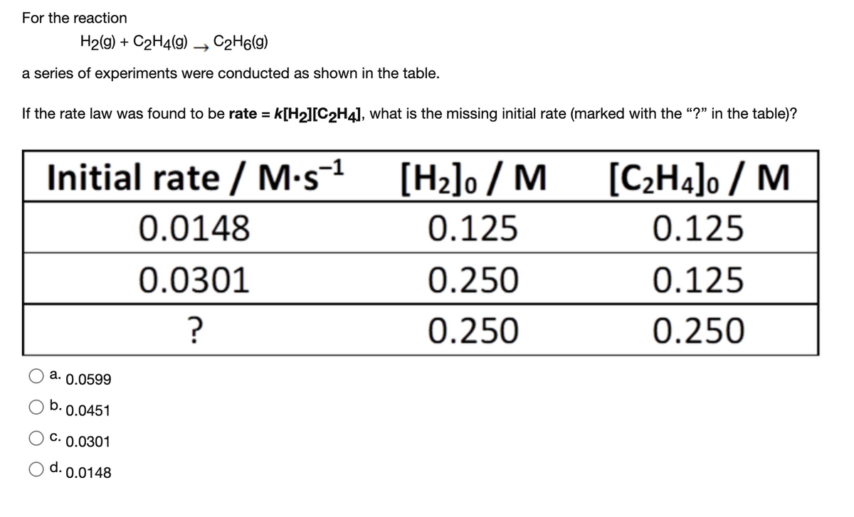 For the reaction
H2(g) + C2H4(9) → C2H6(9)
a series of experiments were conducted as shown in the table.
If the rate law was found to be rate = k[H2][C2H4], what is the missing initial rate (marked with the "?" in the table)?
Initial rate / M•s-1
[H2]o / M
[C:H4]o / M
0.0148
0.125
0.125
0.0301
0.250
0.125
?
0.250
0.250
a. 0.0599
b.
0.0451
C. 0.0301
d. 0.0148
