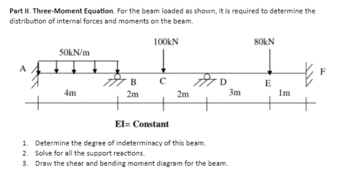 Part II. Three-Moment Equation. For the beam loaded as shown, it is required to determine the
distribution of internal forces and moments on the beam.
100KN
80KN
50KN/m
B
E
Im
4m
2m
2m
3m
El= Constant
1. Determine the degree of indeterminacy of this beam.
2. Solve for all the support reactions.
3. Draw the shear and bending moment diagram for the beam.
