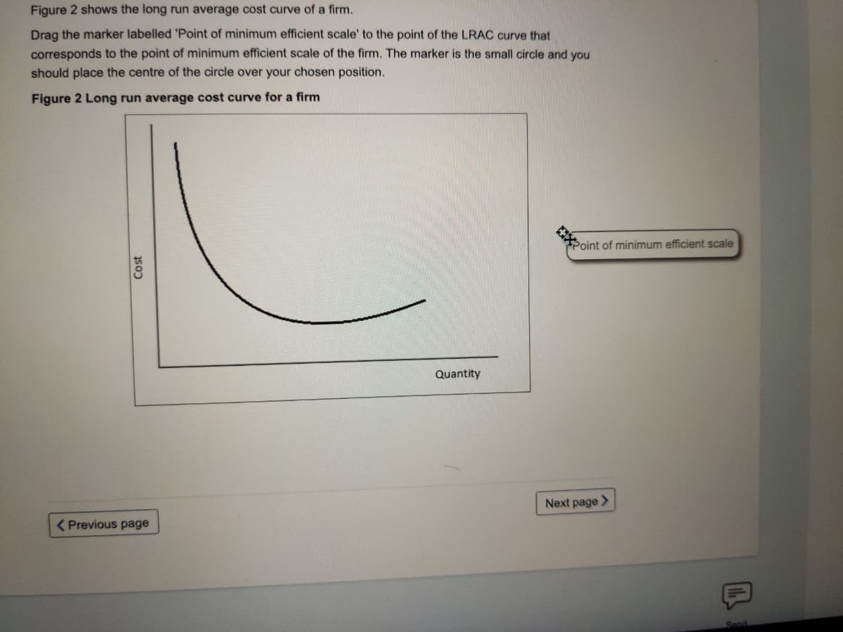 Figure 2 shows the long run average cost curve of a firm.
Drag the marker labelled 'Point of minimum efficient scale' to the point of the LRAC curve that
corresponds to the point of minimum efficient scale of the firm. The marker is the small circle and you
should place the centre of the circle over your chosen position.
Figure 2 Long run average cost curve for a firm
Point of minimum efficient scale
Quantity
Next page >
( Previous page
Send
Cost
