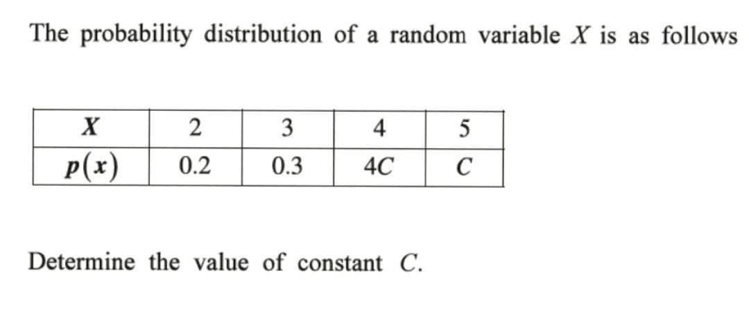 The probability distribution of a random variable X is as follows
X
2
3
4
5
p(x) 0.2
0.3
4C
C
Determine the value of constant C.