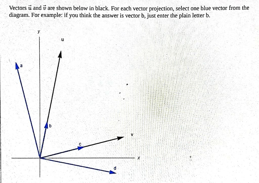 Vectors and are shown below in black. For each vector projection, select one blue vector from the
diagram. For example: if you think the answer is vector b, just enter the plain letter b.
b