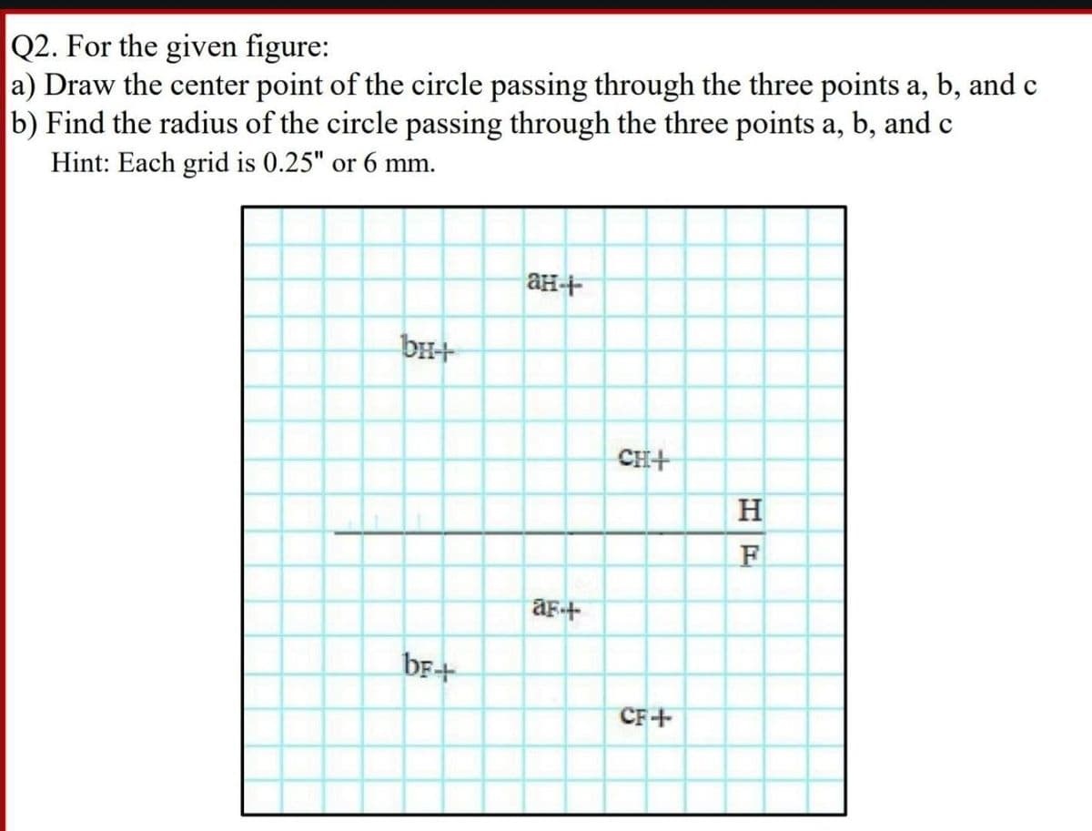Q2. For the given figure:
a) Draw the center point of the circle passing through the three points a, b, and c
b) Find the radius of the circle passing through the three points a, b, and c
Hint: Each grid is 0.25" or 6 mm.
bн+
ан-+
bF+
aF+
CH+
CF+
HF