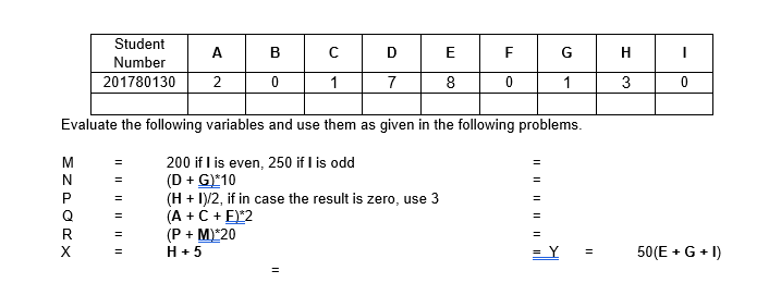 Student
A
B
D
H
Number
201780130
2
1
7
8
1
3
Evaluate the following variables and use them as given in the following problems.
200 if I is even, 250 if I is odd
(D + G)*10
(H + I/2, if in case the result is zero, use 3
(A +C + E)*2
(P + M)*20
H + 5
M
Q
%3D
50(E + G + 1)
II
II || || || ||||
ZNPORX
