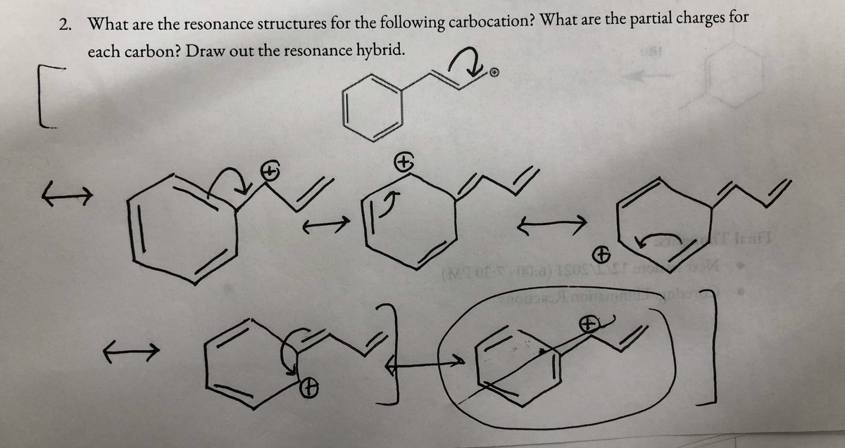 2. What are the resonance structures for the following carbocation? What are the partial charges for
each carbon? Draw out the resonance hybrid.
(MT0-00:0) 150T
