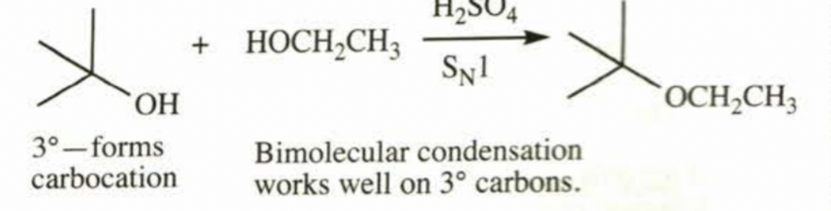 OH
3°-forms
carbocation
+ HOCH₂CH3
H₂SO4
SN1
Bimolecular condensation
works well on 3° carbons.
OCH₂CH3